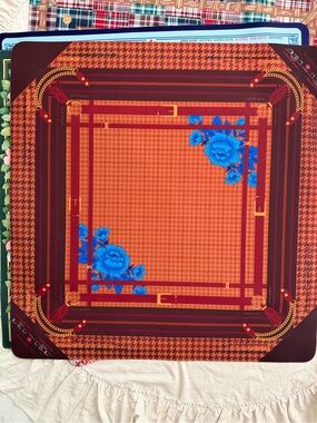 Mahjong Mat Red and Brown Houndstooth Scarf with Blue Floral Accent